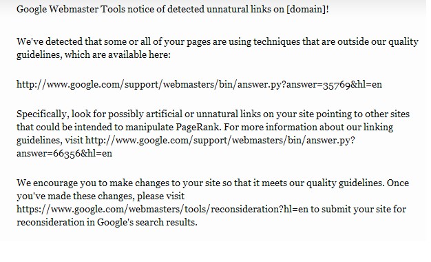 Un avvertimento di Google nel Webmaster Tools