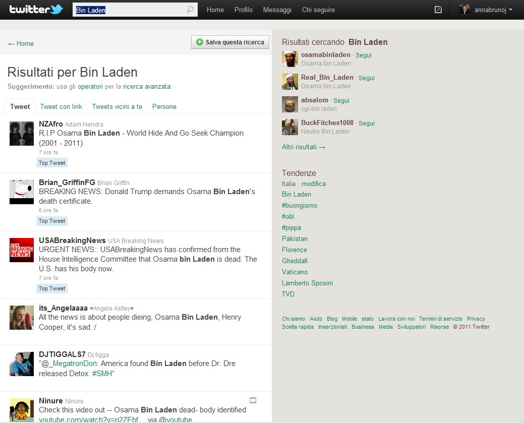 La notizia della morte di Osama Bin Laden Su Twitter